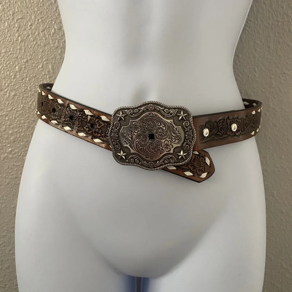 Nocona Western Belt Recycled Leather Cowgirl Rodeo Chunky Buckle Horse Riding